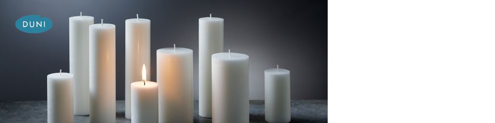 Duni Pillar Candles - Paraffin or Stearin pillar candles. Duni pillar candles benefit from long burn times, clean burning & are made from quality materials. Use pillar candles with our candle holders:  Glass Candle Plate - D168249 Rustic Metal Swirl holder - D194596 Use FILTER & SORT to select your candle size
