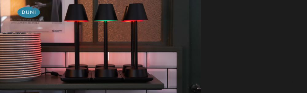 LED Table Lamps - Cordless, rechargeable, colour changing LED table lamps from Duni.  Discover the perfect blend of design, functionality, and sustainable lighting. Upgrade your space with our cordless LED table lamps and let each day shine a little brighter.