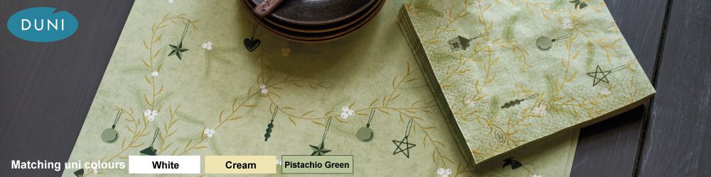 Duni Noel Pistachio - Duni Noel Pistachio design from Duni, new for 2025. Christmas napkins, slipcovers, tablecovers, tete-a-tete rolls and placemats from Duni. The matching Duni uni colours for this christmas design are White, Cream & Pistachio Green.