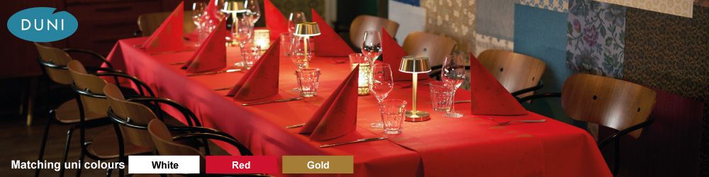 Duni Shimmer Trees - Duni Shimmer Trees design from Duni, new for 2025. Christmas napkins, slipcovers, tablecovers, tete-a-tete rolls and placemats from Duni. The matching Duni uni colours for this christmas design are White, Red & Gold.