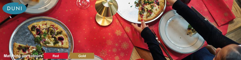 Duni Stargazing Red - Duni Stargazing Red design from Duni, new for 2025. Christmas napkins, slipcovers, tablecovers, banquet rolls, tete-a-tete rolls, table runners and placemats from Duni. The matching Duni uni colours for this christmas design are Red & Gold.