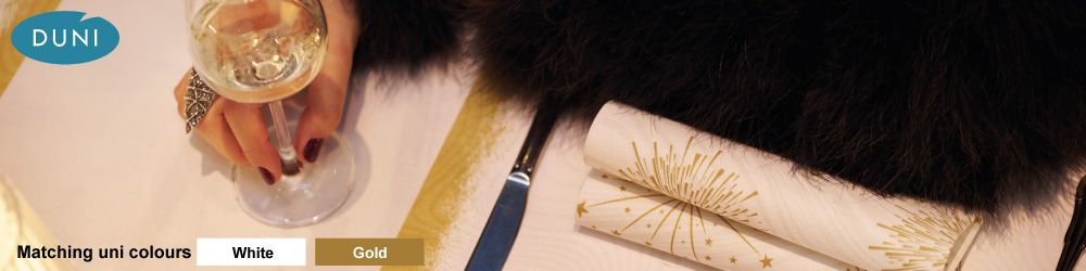 Duni Sparkly White - Duni Sparkly White design from Duni, new for 2025. New Year celebration and Christmas napkins, slipcovers, tablecovers, tete-a-tete rolls and placemats from Duni. The matching Duni uni colours for this christmas design are White & Gold.