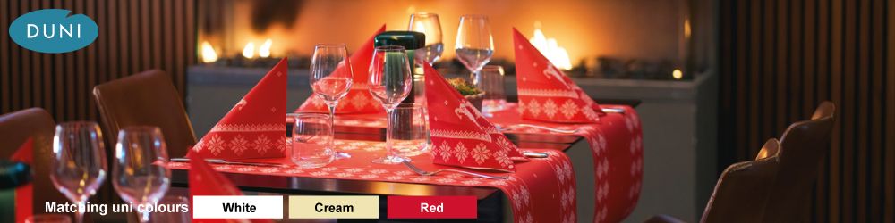 Duni Knitted Traditions - Duni Knitted Traditions design from Duni, new for 2026. Christmas napkins, slipcovers, & tete-a-tete rolls from Duni. The matching Duni uni colours for this christmas design are White, Cream & Red.