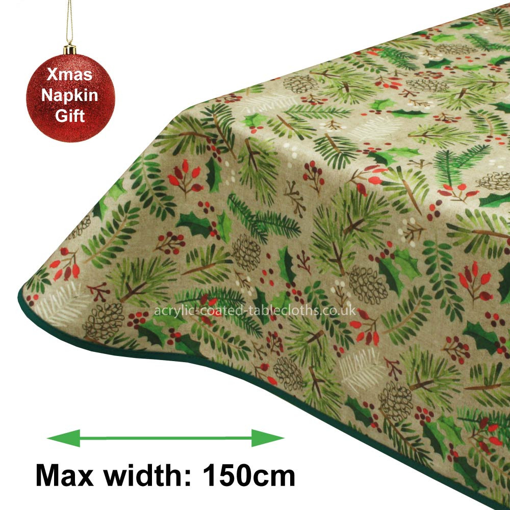Holly Christmas Acrylic Coated Tablecloth with Teflon