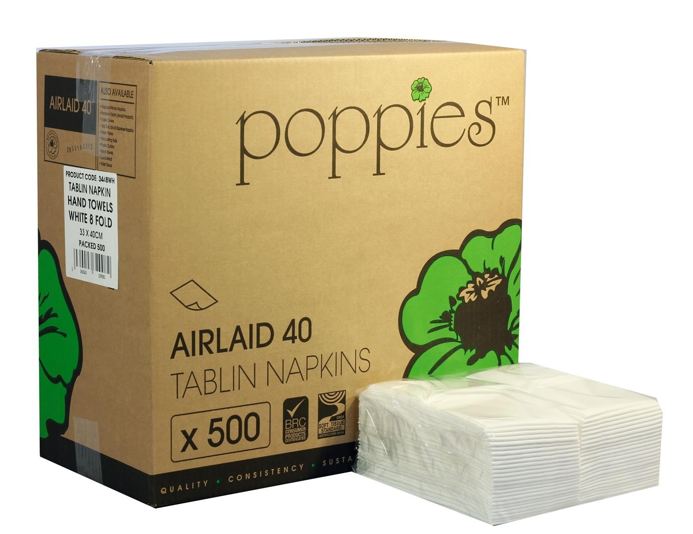 Poppies Airlaid Napkins, 40cm, White Headfold