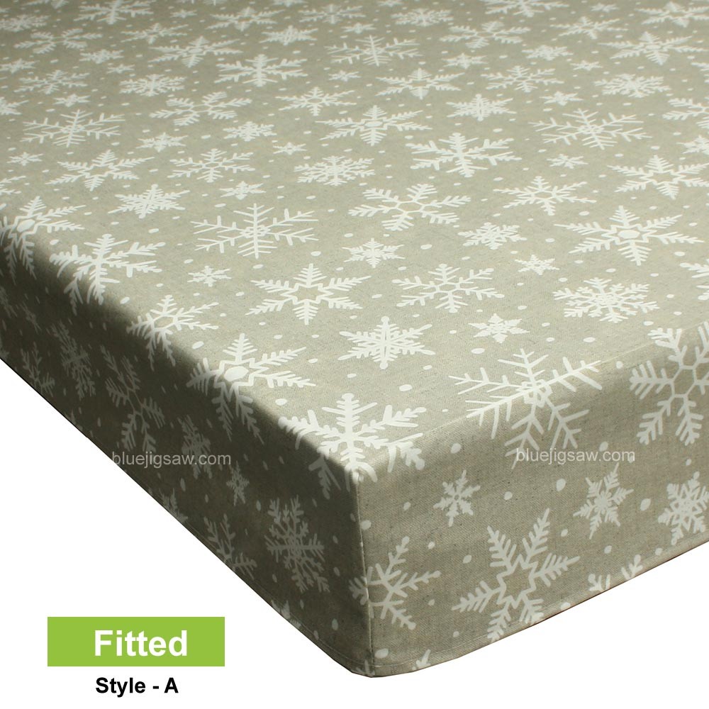 Acrylic Coated Fitted Tablecloth, Christmas Snowflakes Natural