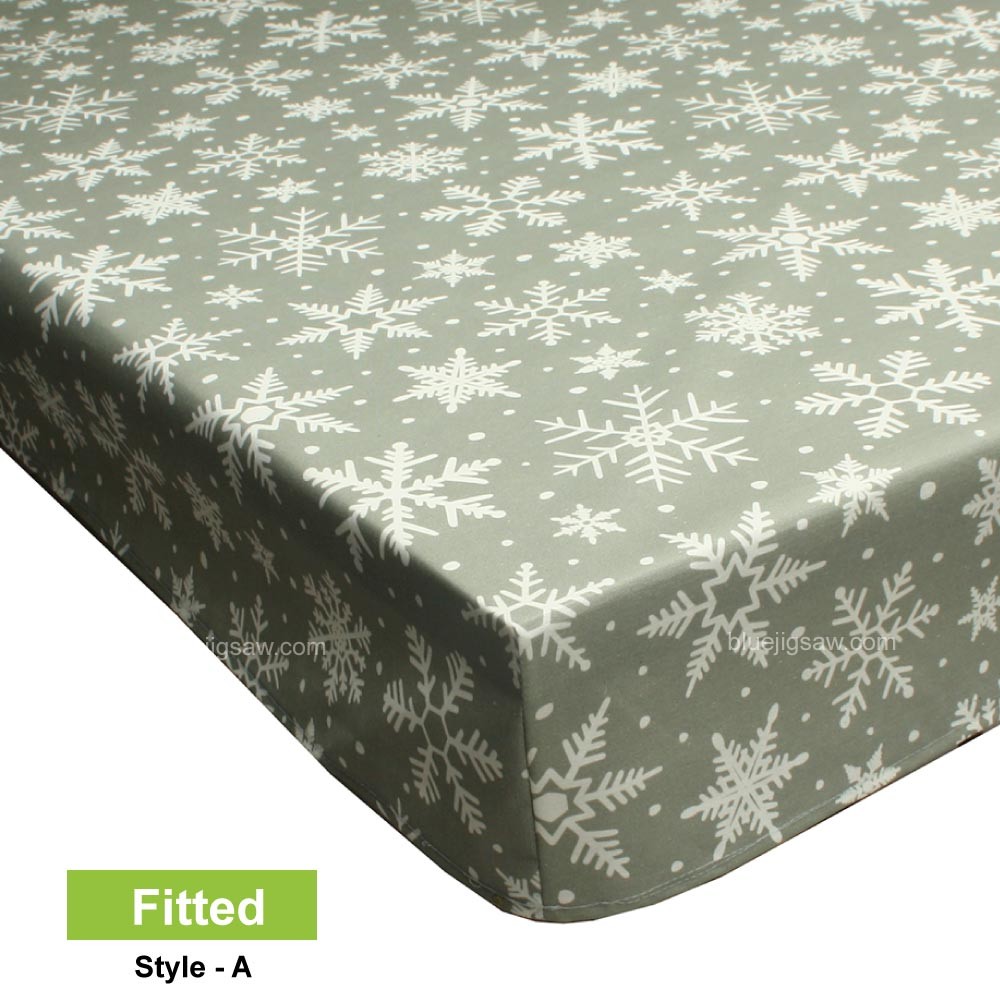 Acrylic Coated Fitted Tablecloth, Christmas Snowflakes Warm Grey