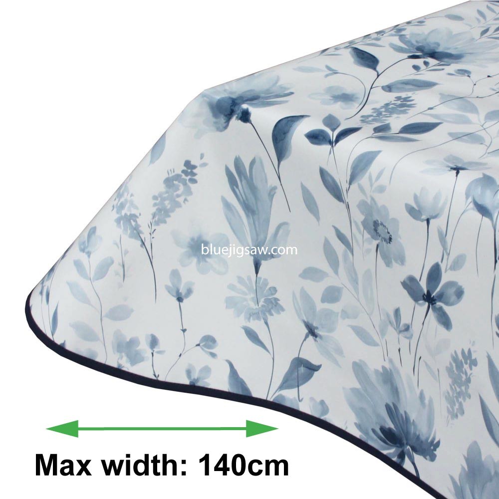 Watercolour Blue Flower PVC Tablecloth With Rounded Corners & Bias Binding