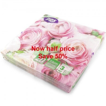PPS 3ply 33cm Paper Napkins, Pink Roses