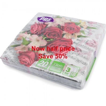 PPS 3ply 33cm Paper Napkins, Red Rose & Pink Flowers