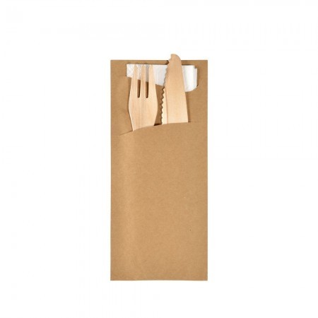 Duni Sacchetto® Bag Tissue, Eco Brown, White Napkin & Wooden Cutlery