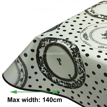 Vintage Plates Black Wipeclean Tablecloth, Vinyl PVC